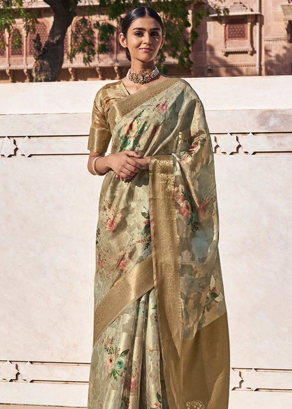 Olive Green Woven Banarasi Cotton Silk Saree With Digital Print
