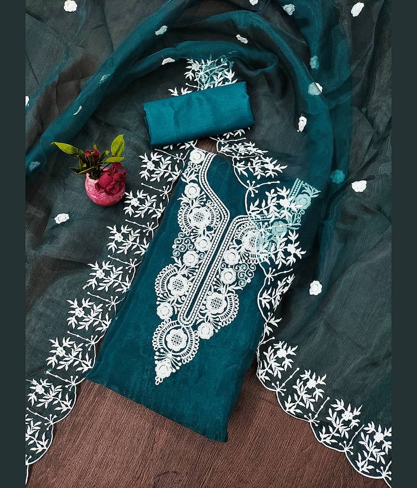 Rangtulika Ethnics Unstitched Organza Embroidered Dress Material - Teal ( Pack of 1 )