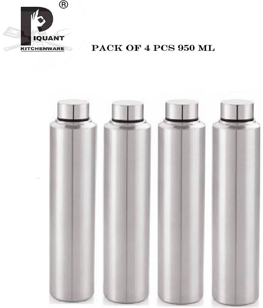 PIQUANT KITCHENWARE Water Bottle for Home/Office/Gym/School/Collage Silver 950 mL Steel Water Bottle set of 4
