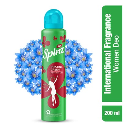 Spinz Pristine Green Perfumed Deo for Women International Fragrances Long Lasting Freshness, 24 Hours Protection from Odour causing Bacteria - 200 ml Spinz Pristine Green Perfumed Deo for Women International Fragrances Long Lasting Freshness, 24 Hours Protection from Odour causing Bacteria - 200 ml