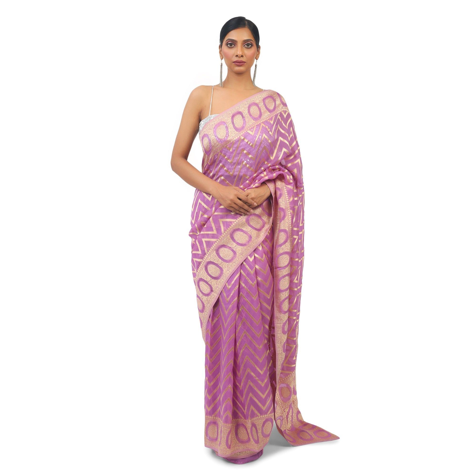TheHangr Purple Organza Saree With Zig-Zag Print