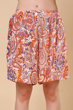 Orange & White Motif Printed Shorts-L / White