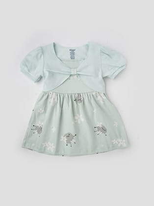 Trendy Printed Sleeveless  Dress With Waffle Shrug Set for Girls-1-2 YEARS