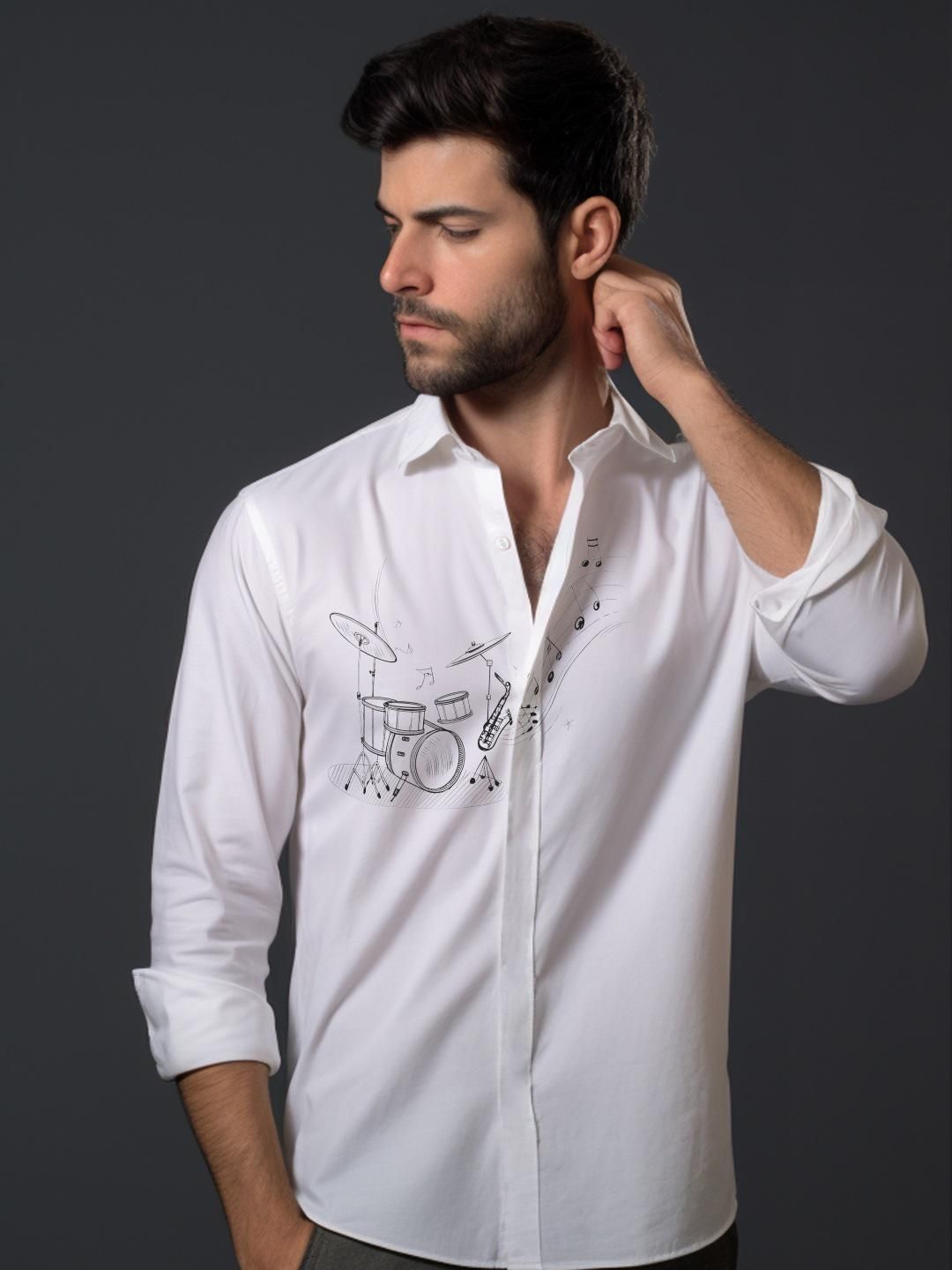 White Conversational Printed Casual Shirt-WHITE / S