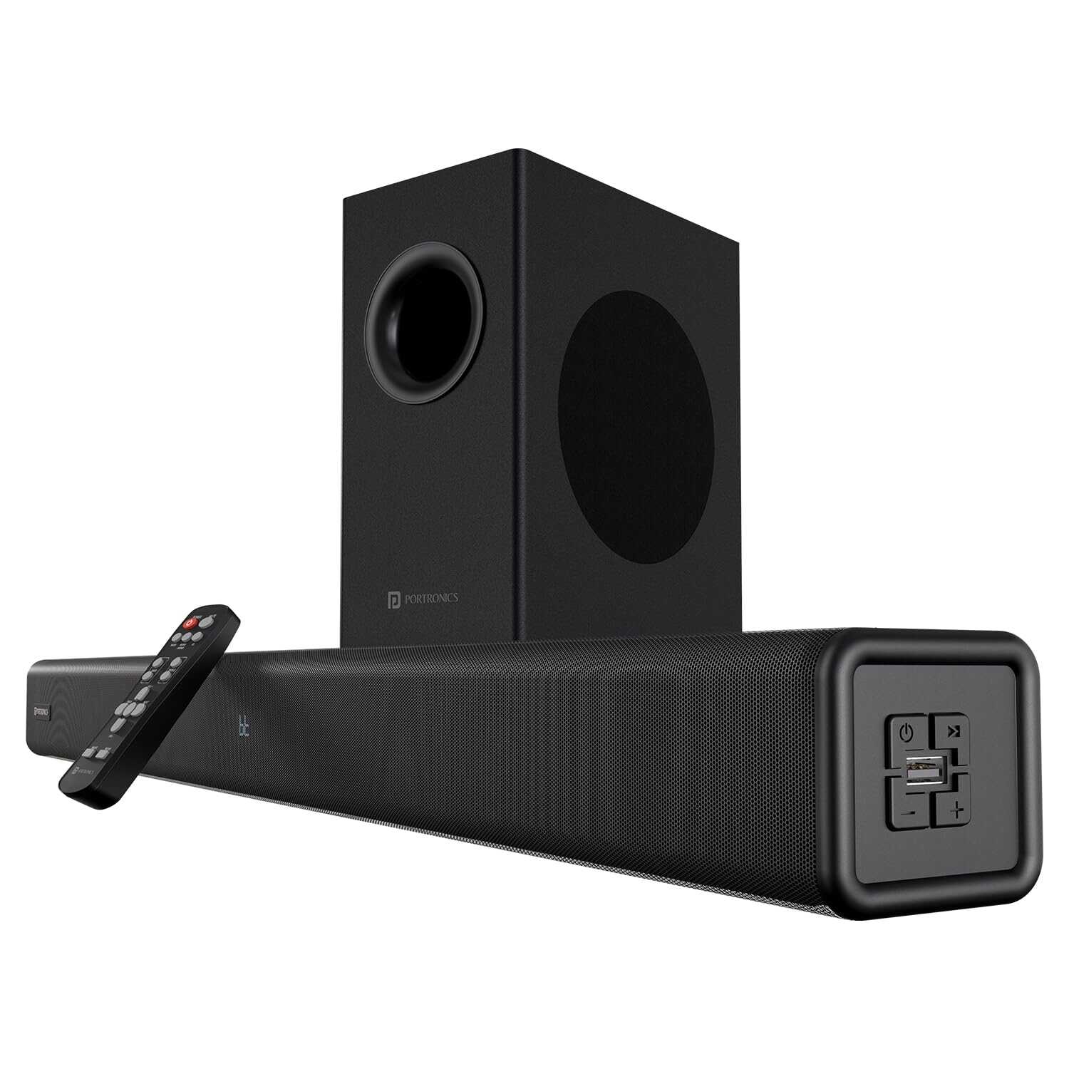 Portronics Pure Sound 107, 200W Soundbar with Subwoofer for Deep Bass, 2.1 Channel Home Theatre, 3D Surround Sound, HD Sound, 3 EQ Modes, Bluetooth 5.3V, HDMI, AUX in, USB, Optical Port (Black)