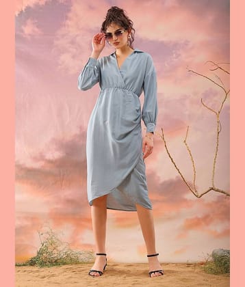 Freehand Women Polyester Solid Wrap Dress ( Aqua Blue )