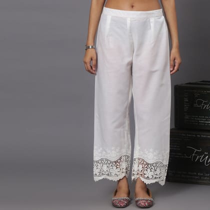 cotton ankle pants in lace and cutwork fabric-XS