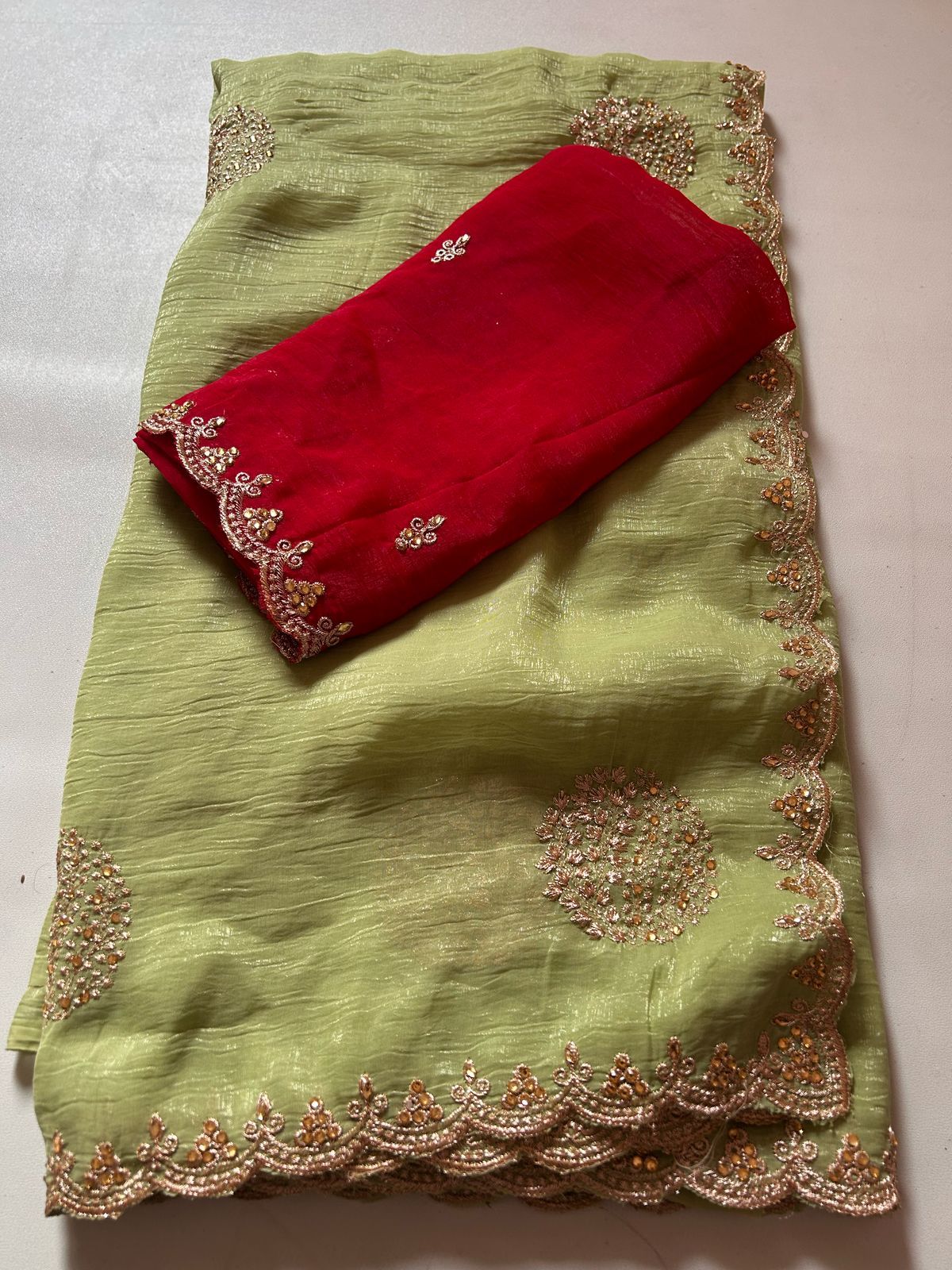 New Pista Color Crunchy Chiffon Crush Silk With Beautiful Embroidery n Cut Work Partywear Fancy Designer Saree