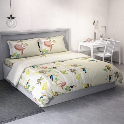 DDECOR - Little Brats Collection 100% Cotton Conversational Pattern 136TC King Bedsheet |224 CM X 274 CM|, Quilt and with 2 Pillow Covers - Green