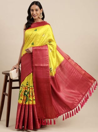 Yavira silk Women's Yellow Printed Silk Blend Saree