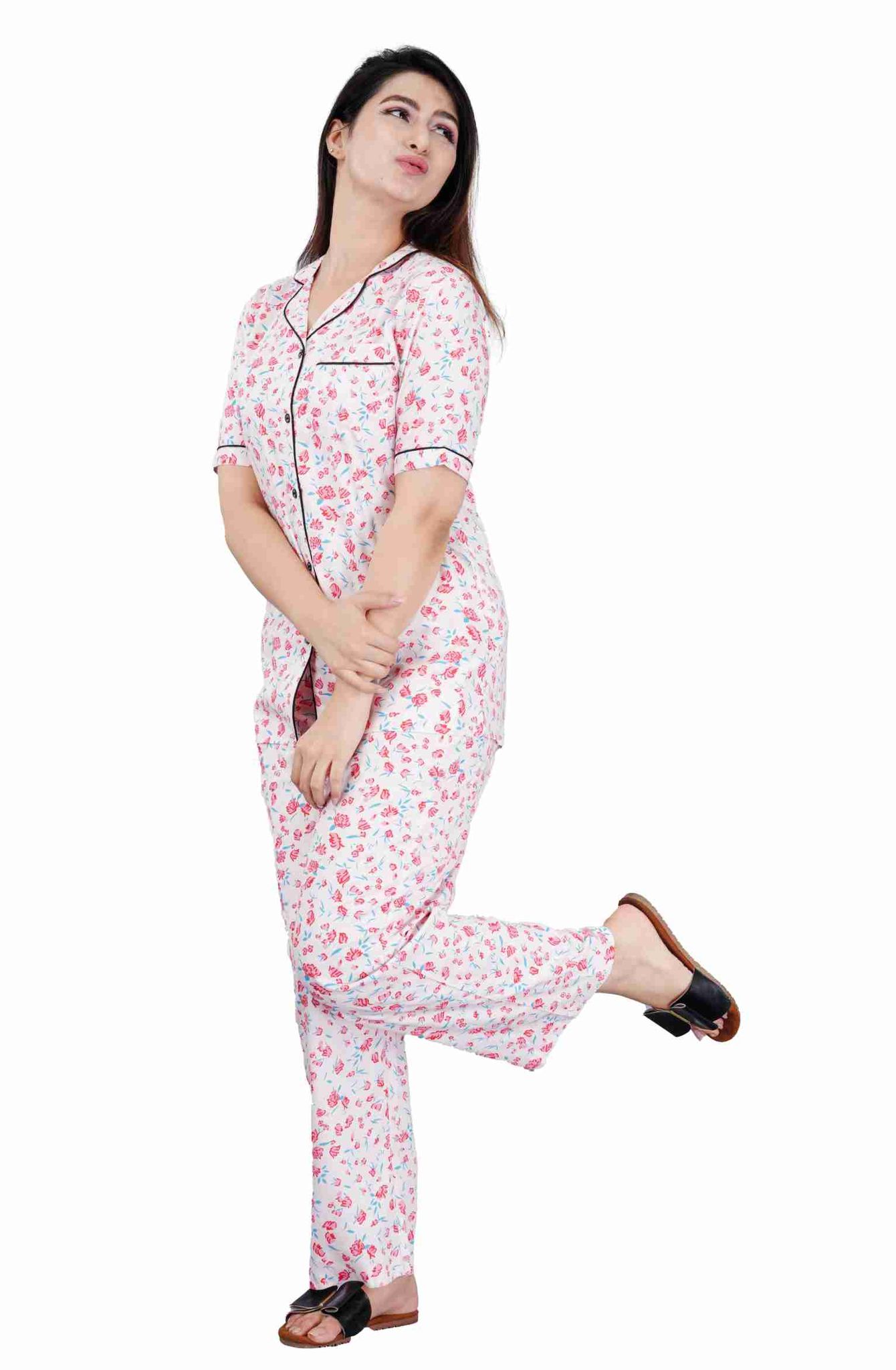Women's Casual Half Sleeve Printed Viscose Rayon Shirt with Pyjama Pant Night Suit Set Size 2XL (Baby Pink)