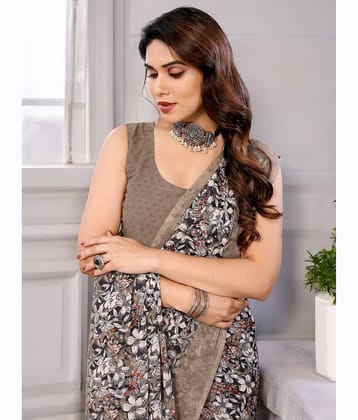 TTH Georgette Printed Saree With Unstitched Blouse Piece ( Brown )