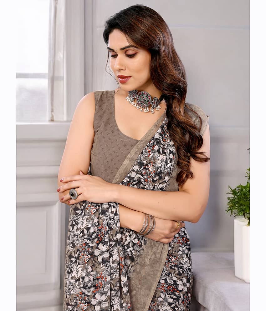 TTH Georgette Printed Saree With Unstitched Blouse Piece ( Brown )