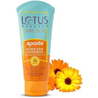 Lotus Herbals Safe Sun Sports Super-Stay Sunblock Spf 70 Pa+++ Calendula And Chamomile Preservative Free, 40 G
