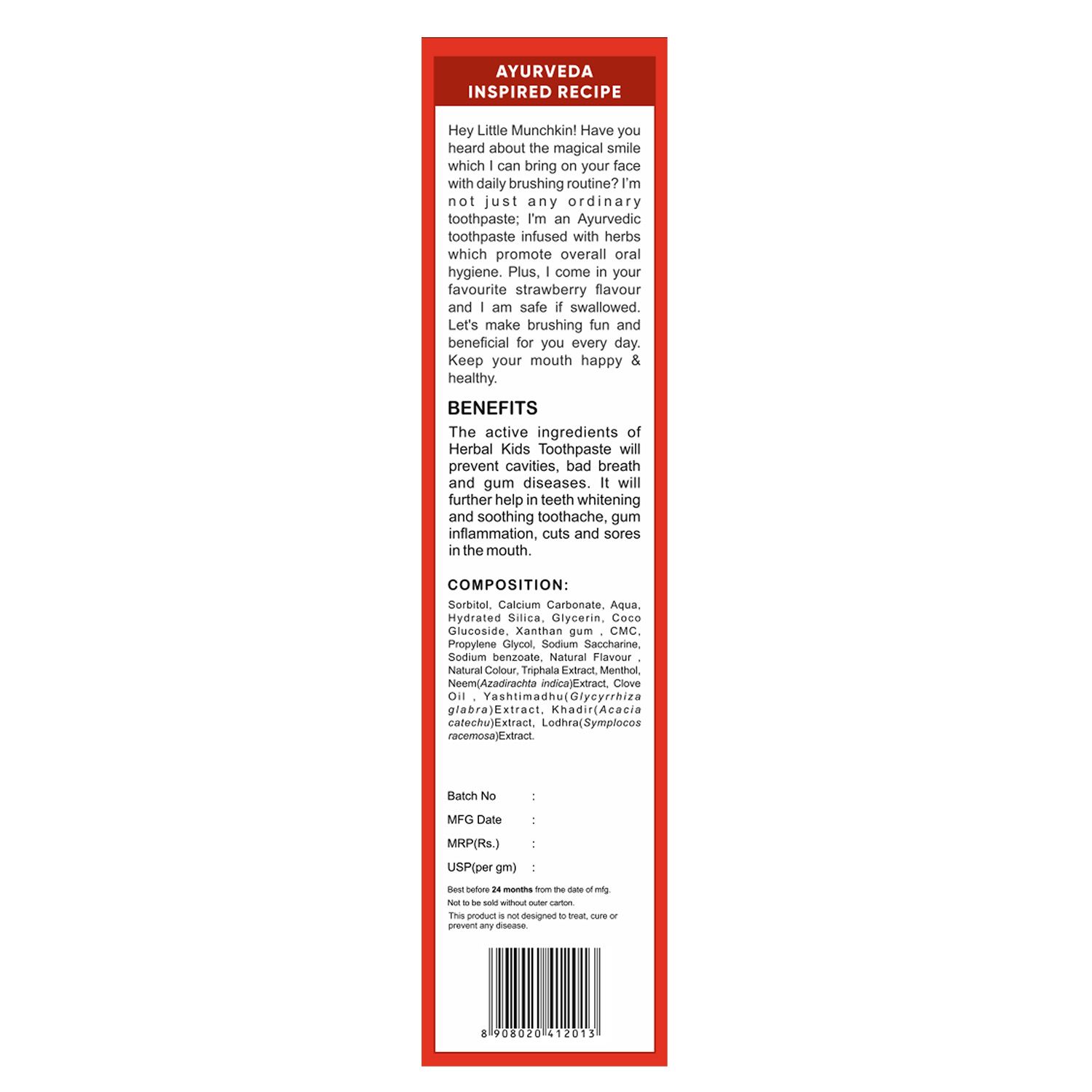 BabyOrgano Ayurvedic Herbal Kids Toothpaste Strawberry - 50g