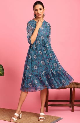 Blue Poly Georgette Floral Flared Western Dress