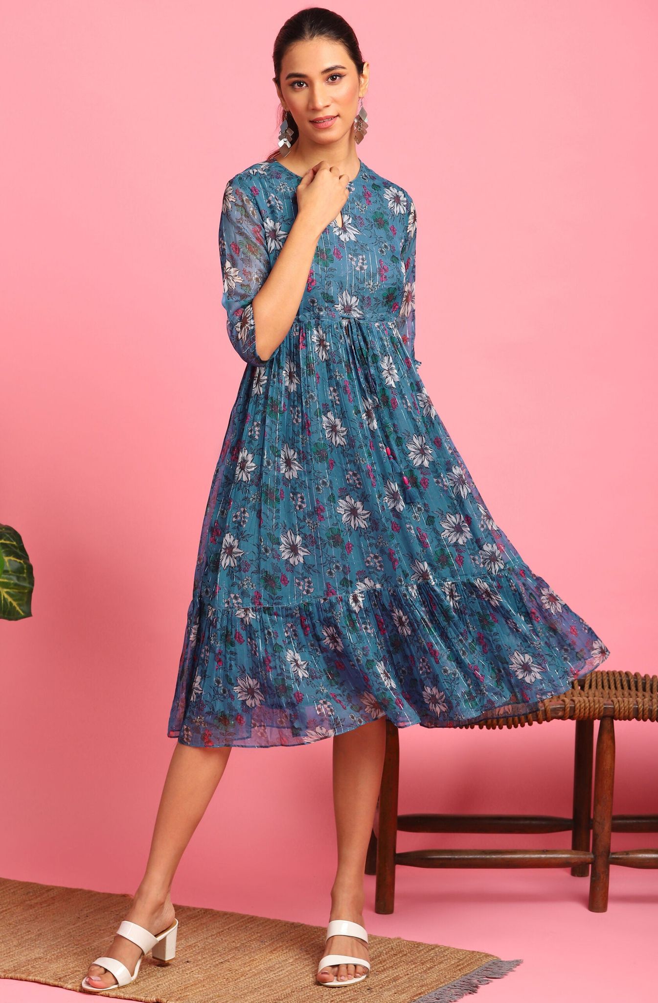 Blue Poly Georgette Floral Flared Western Dress