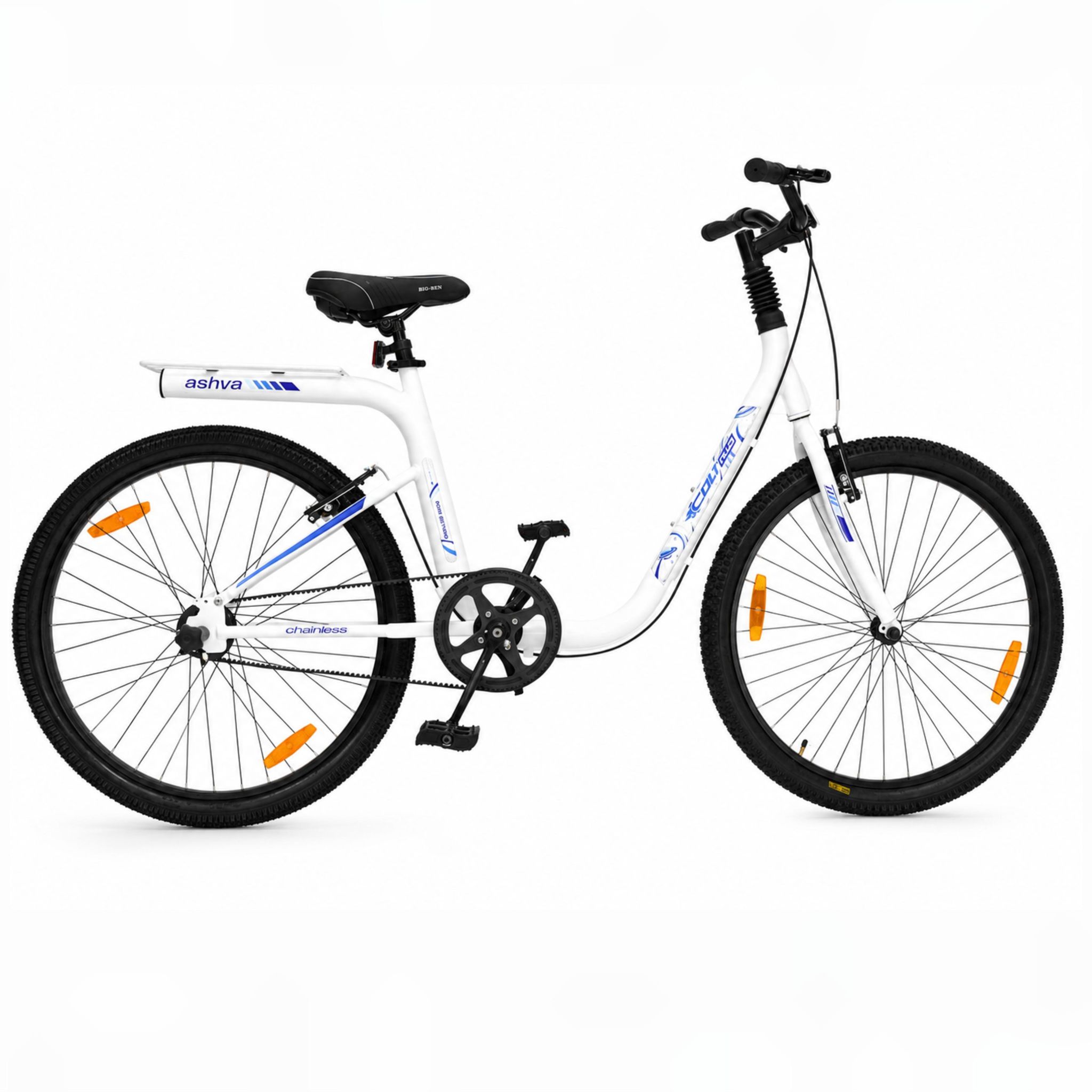 Steedcycles Ashva Colt Plus 26" Belt Drive City Bike – Chainless, Zero-Maintenance Commuter Cycle (White & Blue)