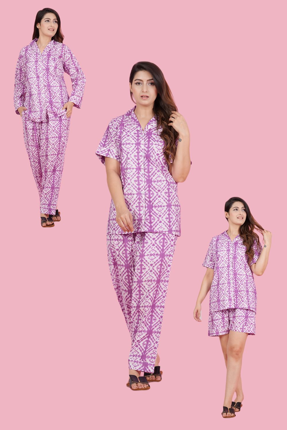 Pretty Purple Geometric Print Combo Night Wear (Set of 2)-S / Purple / 100% Cotton