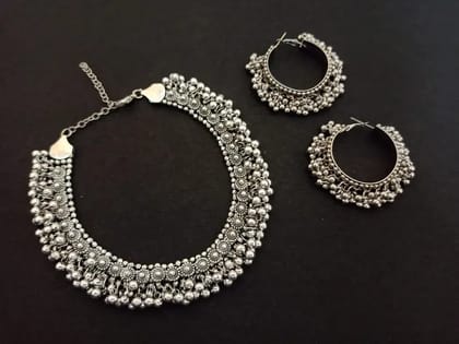 Oxidised Beaded Tribal Choker Necklace Set with Hoop Earrings for Women