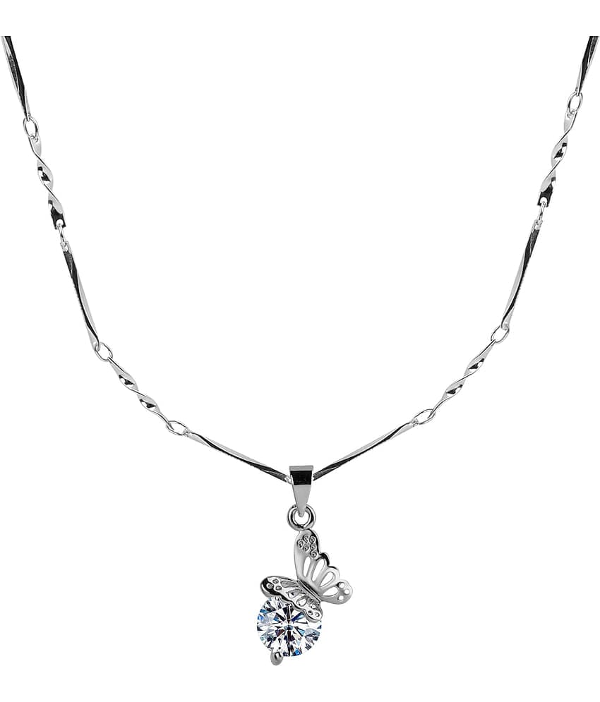 Silver Plated chain With Attractive Butterfly  Shape Solitaire Diamond Pendant  For Women
