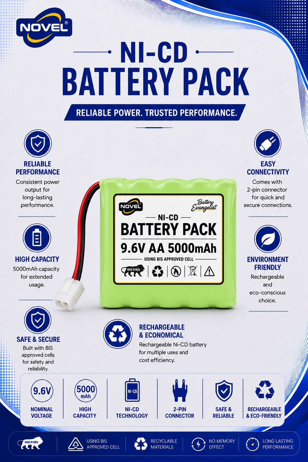 NOVEL 9.6V AA 5000mAh NI-CD Rechargeable Battery KET 2 PIN