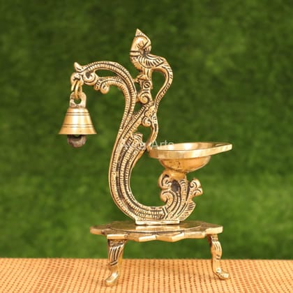 Brass Parrot Stand Diya with Bell - 8.2 inch Height | Artistic Enlightenment Brass Parrot Stand Diya with Bell - 8.2 inch Height | Artistic Enlightenment