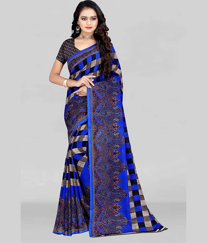 LEELAVATI Georgette Checks Saree With Unstitched Blouse Piece ( Blue )