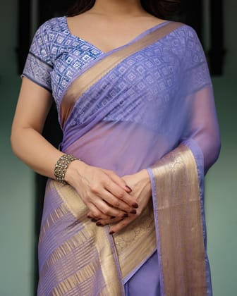 Lavender Plain Chiffon Saree with Gold Zari Border, Geometric Printed Blouse & Tassel Detailing-Regular