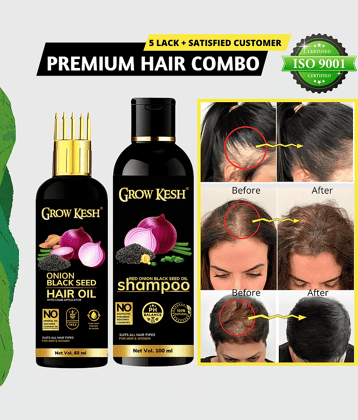 Growkesh Onion Hair Oil for Hair Regrowth and Hair Fall Control with Blackseed with Comb Applicator and Red Onion Shampoo for Anti-dundruff (Onion Hair oil,60ml + Onion Shampoo,100ml)