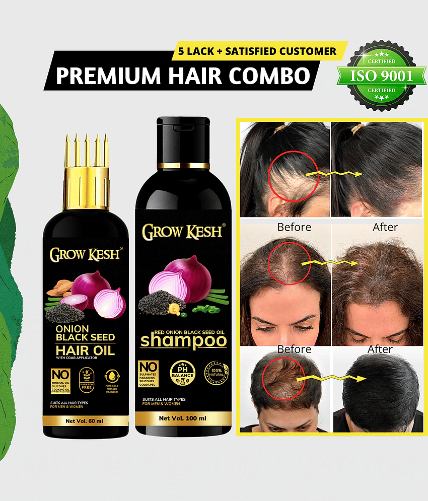 Growkesh Onion Hair Oil for Hair Regrowth and Hair Fall Control with Blackseed with Comb Applicator and Red Onion Shampoo for Anti-dundruff (Onion Hair oil,60ml + Onion Shampoo,100ml)
