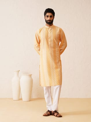Men's Cotton Silk Printed Mustard Kurta with Churidaar Pyjama-36