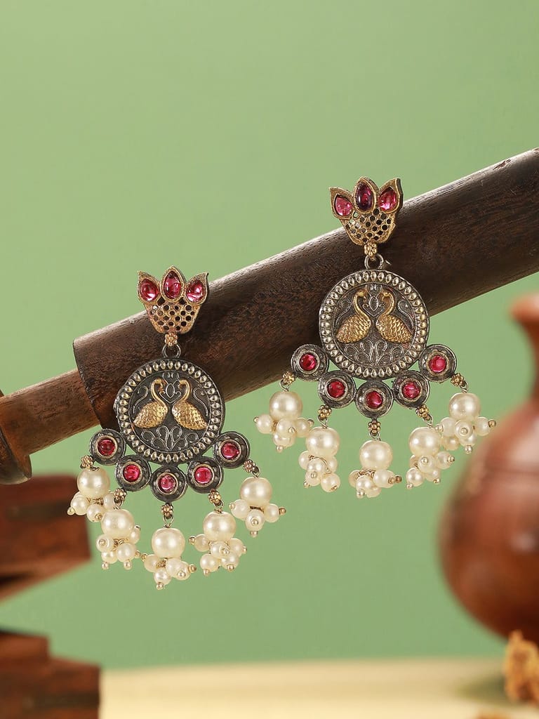 Oxidised Dual Toned Red Stone Pearl Beaded Handcrafted Peacock Filigree Chandbali Earrings - Earrings | Buy online on ZillyBuy