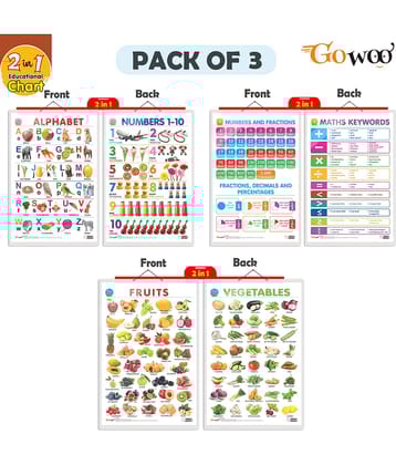 Set of 3 | 2 IN 1 ALPHABET AND NUMBER 1-10 ,2 IN 1 NUMBER & FRACTIONS AND MATHS KEYWORDS and 2 IN 1 FRUITS AND VEGETABLES Early Learning Educational Charts for Kids