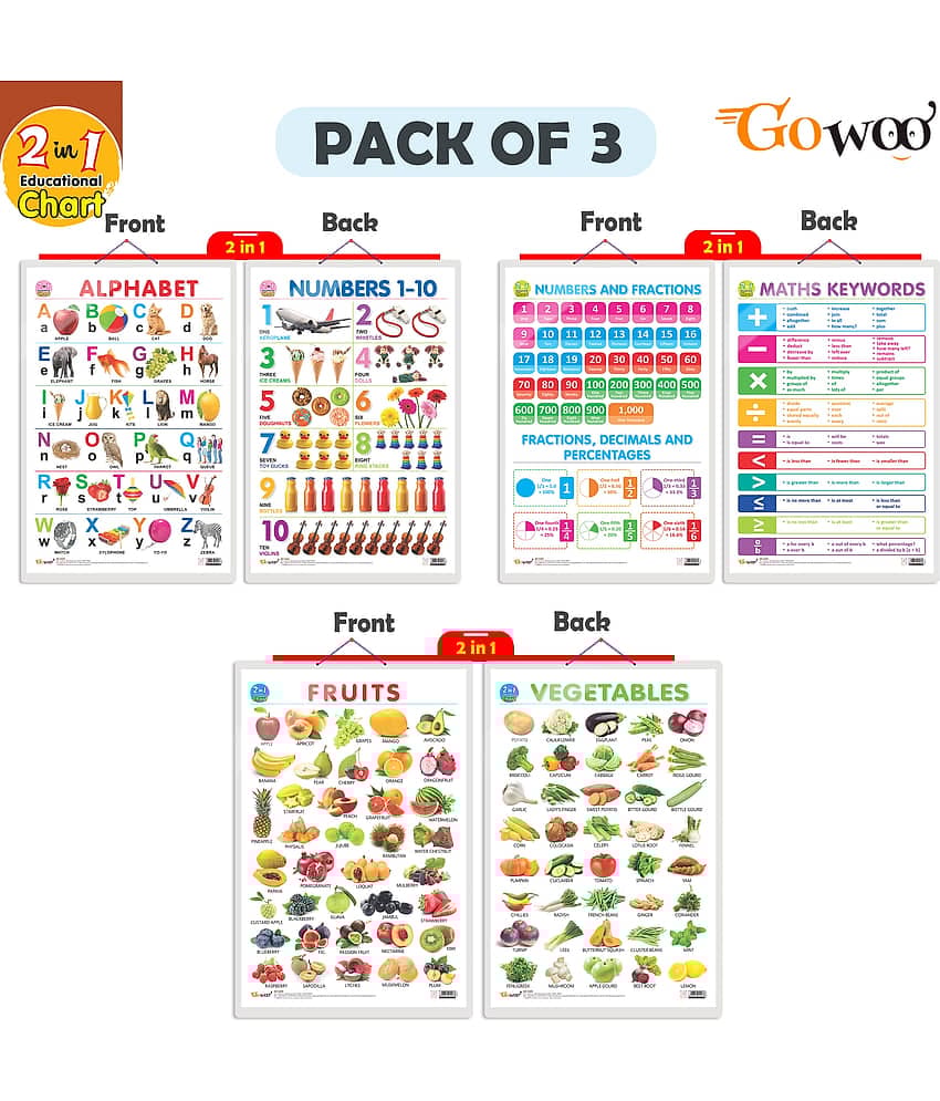 Set of 3 | 2 IN 1 ALPHABET AND NUMBER 1-10 ,2 IN 1 NUMBER & FRACTIONS AND MATHS KEYWORDS and 2 IN 1 FRUITS AND VEGETABLES Early Learning Educational Charts for Kids