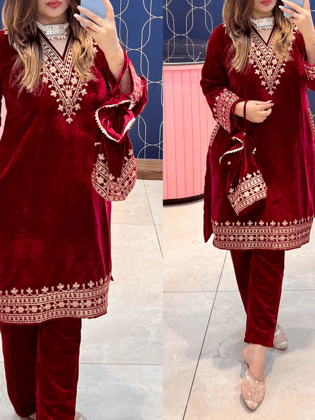Velvet Suit with Potli-M / Red