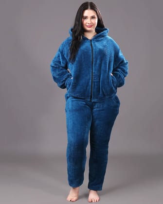 Solid Fur Jacket and Pants Co-ord Set-Ink Blue-L / L / Ink Blue
