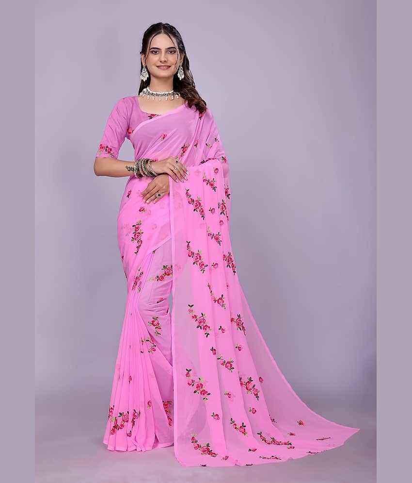 JULEE Georgette Embroidered Regular Saree With Unstitched Blouse Piece ( Pink )