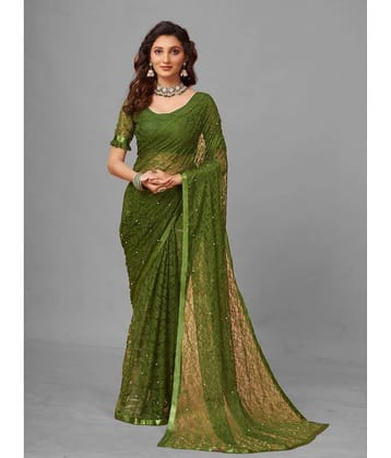 VANRAJ CREATION Brasso Self Design Saree With Unstitched Blouse Piece ( Olive )