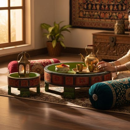 Dastkari Chakki Table, Handicraft Nightstand Table, Painted Coffee Table, Furniture Cake Stand Table, Bedside Table, Decorative Side Table