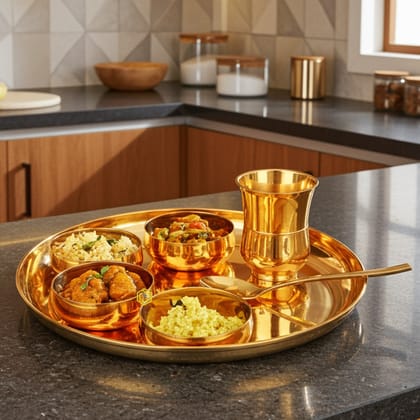 Pure Brass Export Quality Lead Free Thali Set, Set Of 7 Pcs. (BCMAS108 X)