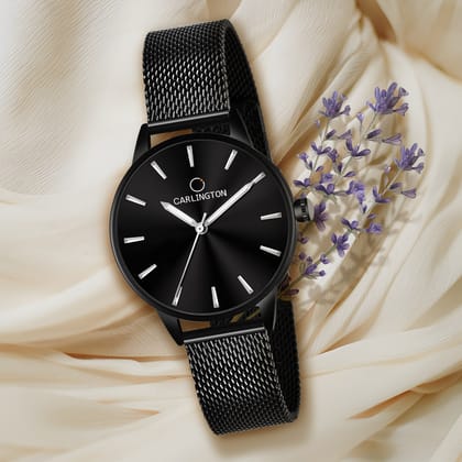 Carlington Elite Ladies Self Adjustable Mesh Strap Water Resistant Analog Watch - For Women CT2008-Black