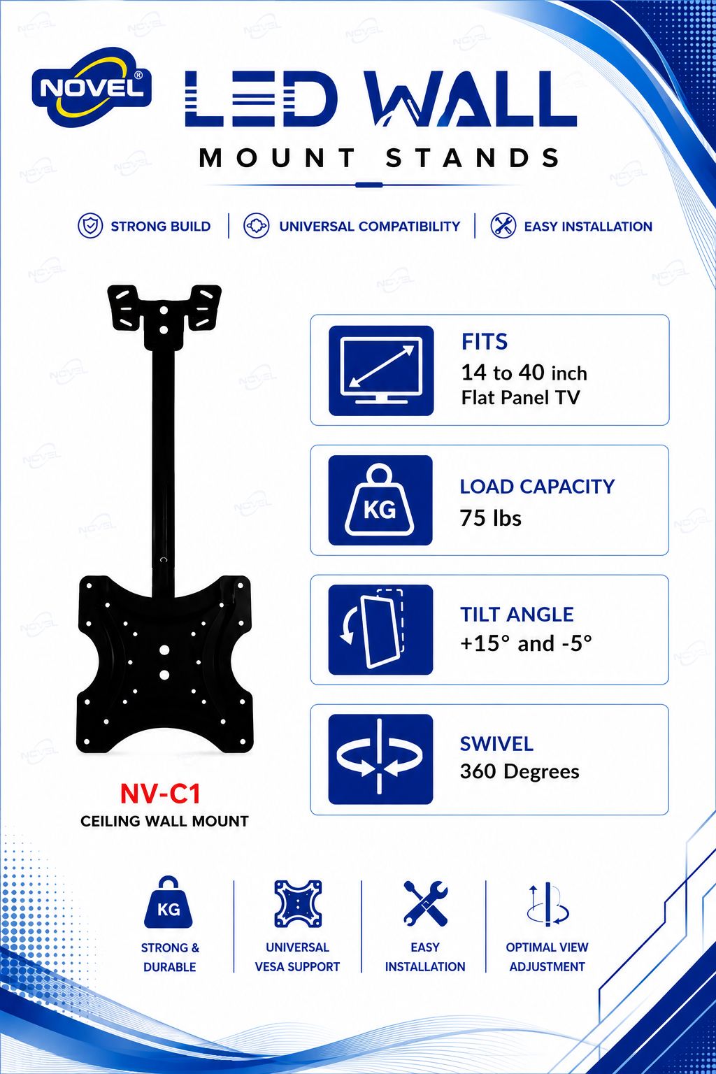 NOVEL NV-C1 Heavy Duty Ceiling TV Mount Stand for 14–40 Inch LED/LCD/Smart TVs | 75 lbs Load Capacity | 360° Swivel & +15°/−5° Tilt Adjustment | Space-Saving TV Mount Bracket