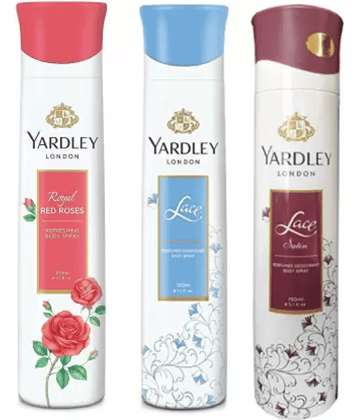 Yardley London Royal Red Rose, Lace and Lace Satin Body Spray Women for Women 150ML Each (Pack of 3) Body Spray - For Women