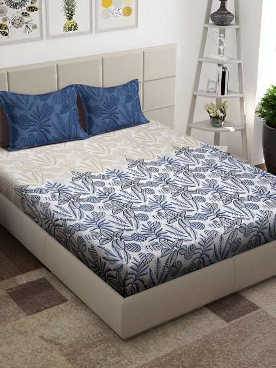 White & Blue Floral 300 TC King Bedsheet with 2 Pillow Covers