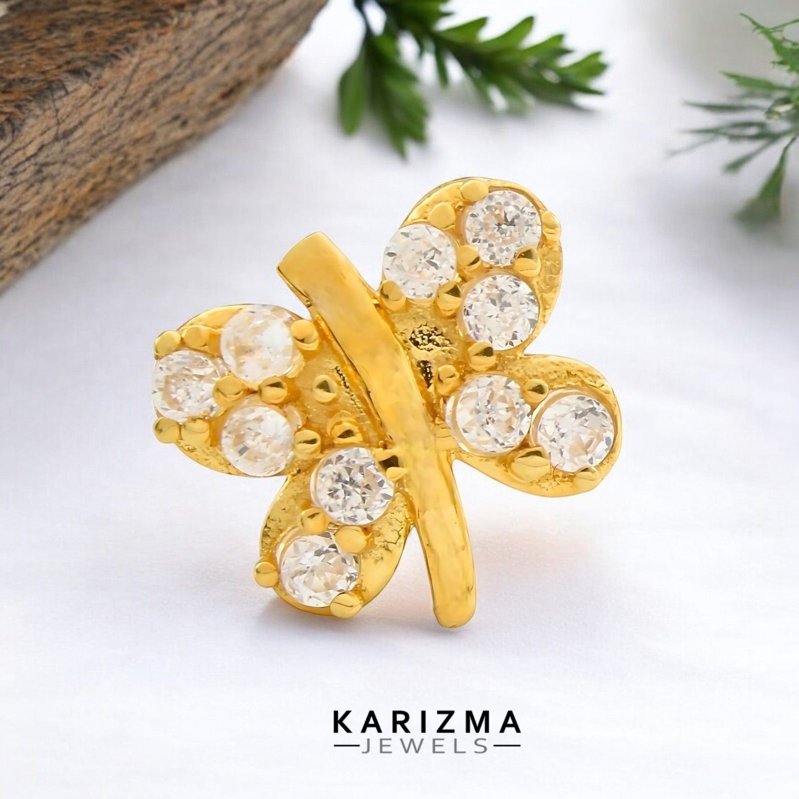 Cute Butterfly 18K Real Gold Indian Women White CZ Nose stud nose ring Push Pin