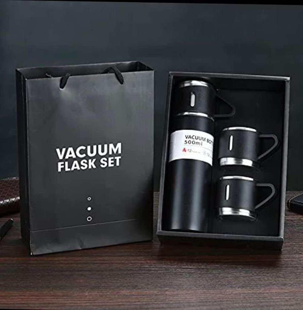 Double Wall Stainless Steel Thermo Vacuum Insulated Bottle Water Flask Gift Set with Two Cups Hot & Cold (Assorted Color)