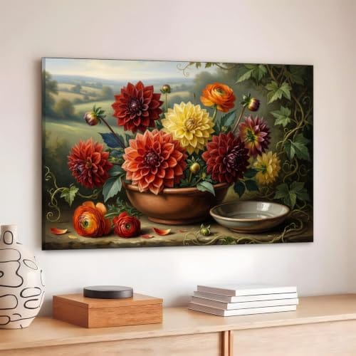 Wall Art – 20 x 30 In Framed Canvas | Red Dahlia Blooms | Floral Art for Living Room, Bedroom & Office Wall Decor