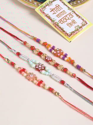 NVR Men Set of 4 Floral Design Multicolor Artificial Stones and Beads Thread Rakhi with Roli Chawal Chandan & Mishri-One Size / Multicolor