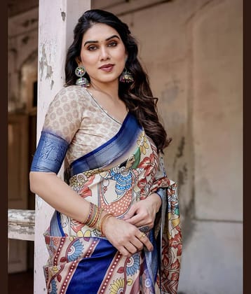 Almaari Fashion Cotton Silk Printed Saree With Unstitched Blouse Piece ( Brown )